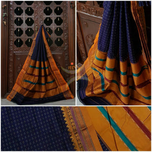 Royal blue with mustard silk cotton woven chukki Ilkal and traditional tope teni pallu