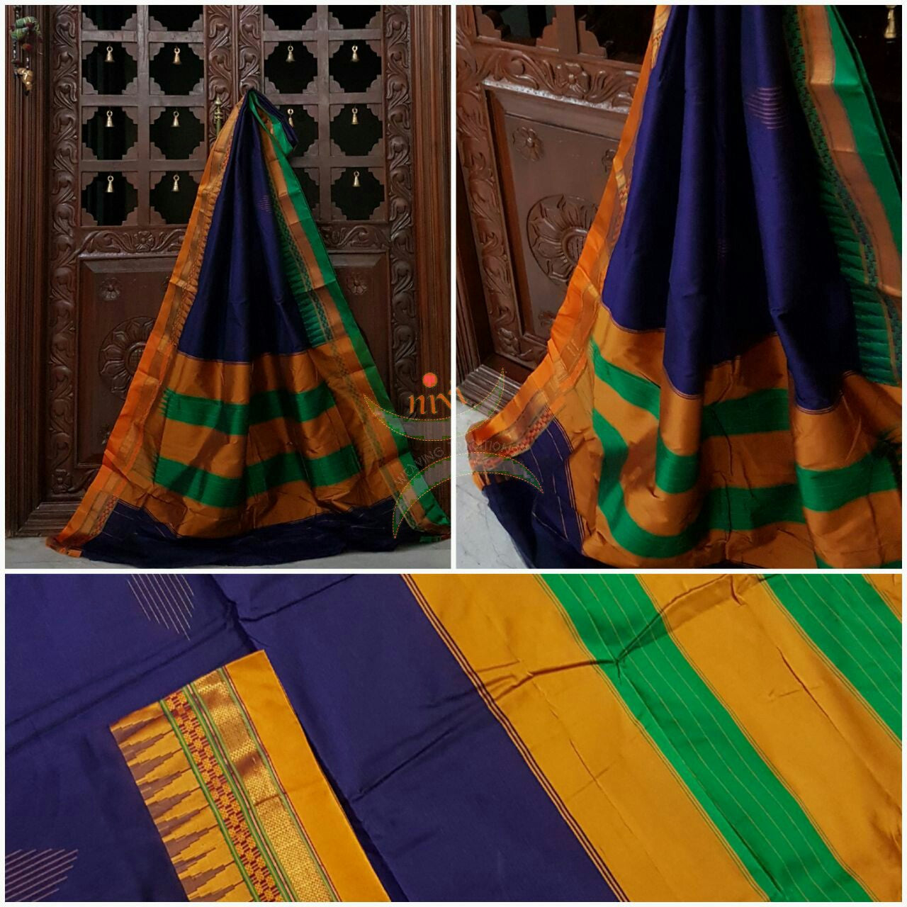 Royal blue Gadwal Silk Cotton saree with Ganga Jamuna temple border and woven booties all over and traditional tope teni pallu.