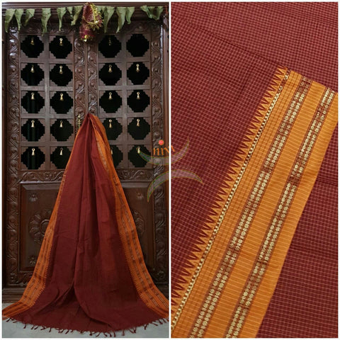 Maroon Narayanpet cotton dupatta with Mustard woven temple zari border.