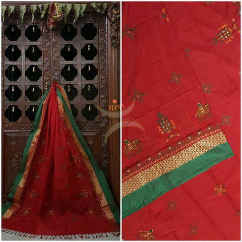 Red with Green Kota Cotton Kasuti embroidered Duppata with Traditional Anne Ambari motifs.