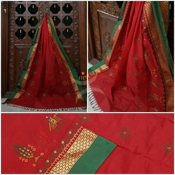 Red with Green Kota Cotton Kasuti embroidered Duppata with Traditional Anne Ambari motifs.