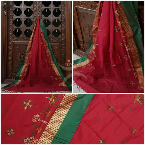 Red with Green Kota Cotton Kasuti embroidered Duppata with Traditional Anne Gopura motifs.