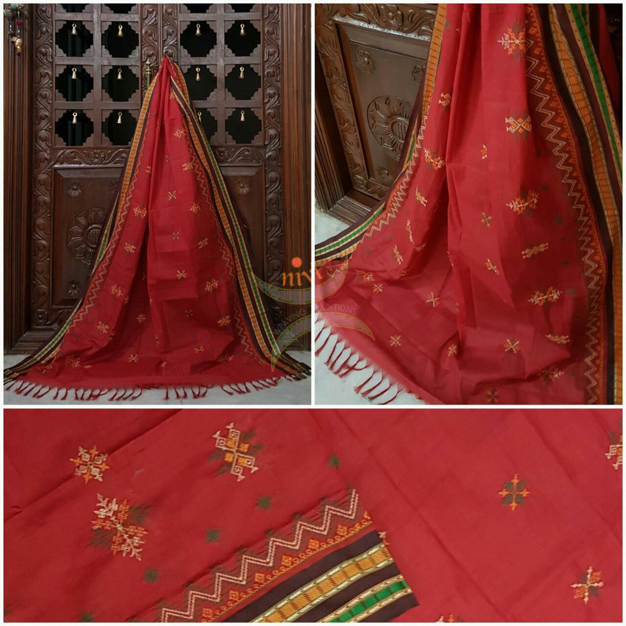 Red with Brown Kota Cotton Kasuti embroidered Duppata with Traditional motifs.