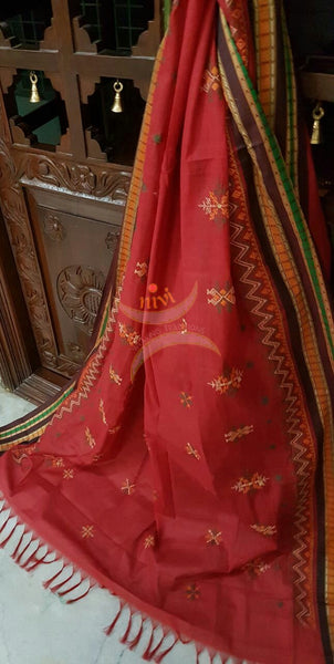 Red with Brown Kota Cotton Kasuti embroidered Duppata with Traditional motifs.