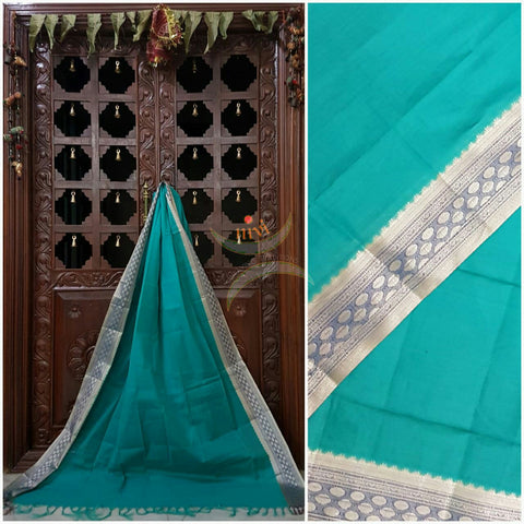 Sea Green south kota cotton dupatta with silver woven zari brocade border