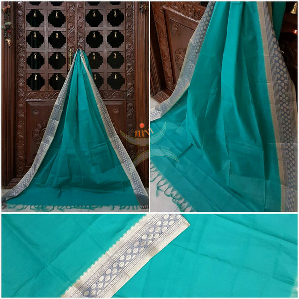 Sea Green south kota cotton dupatta with silver woven zari brocade border