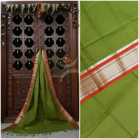 Green south kota cotton dupatta with red woven zari brocade border