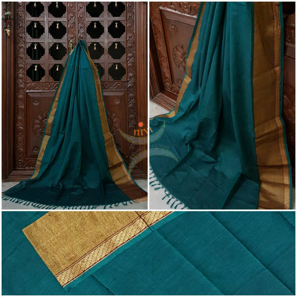 Teal south kota cotton dupatta with Gold woven zari border