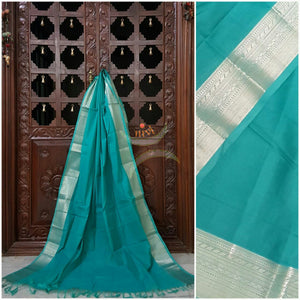 Sea Green south kota cotton dupatta with silver woven zari brocade border