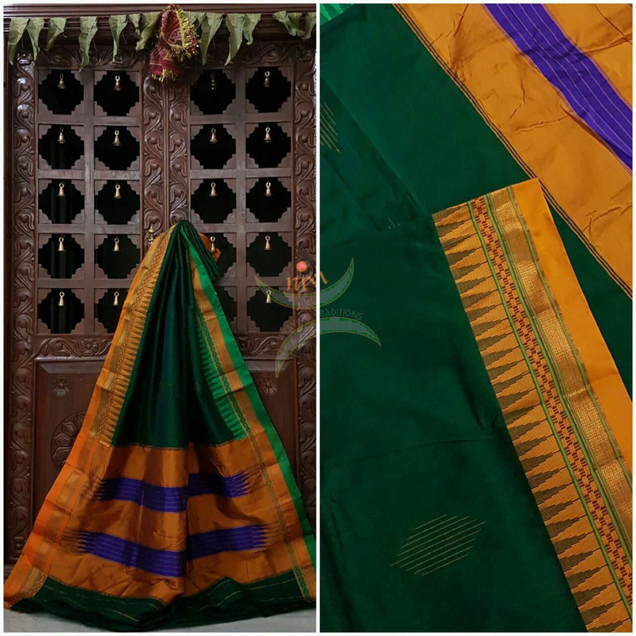 Green Gadwal Silk Cotton saree with Ganga Jamuna temple border and woven booties all over and traditional tope teni pallu.