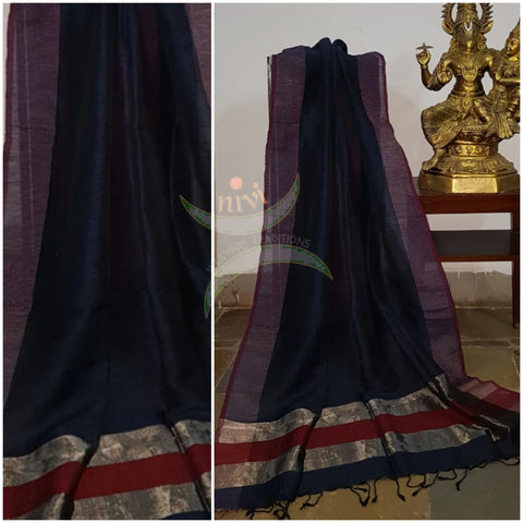 Teal blue 80's count handloom linen dupatta with subtle silver borders.