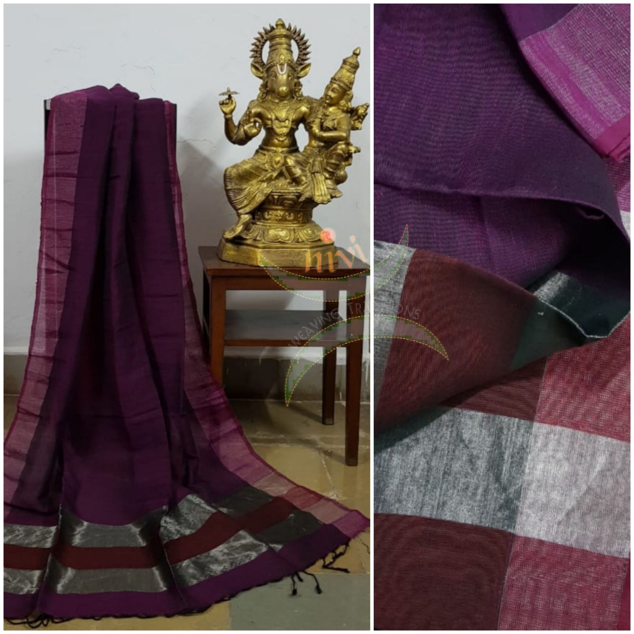 Purple 80's count handloom linen dupatta with subtle silver borders.