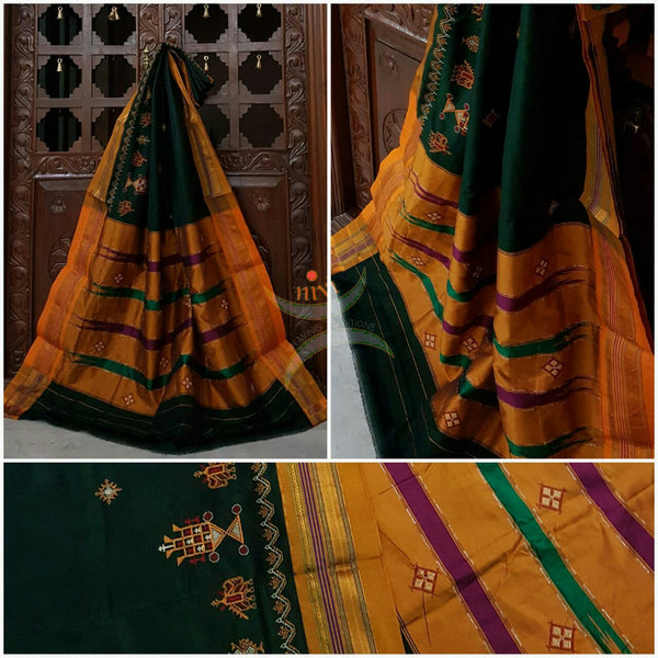 Bottle green with mustard silk cotton kasuti embroidered Ilkal with Anne ambari motif and traditional tope teni pallu . 