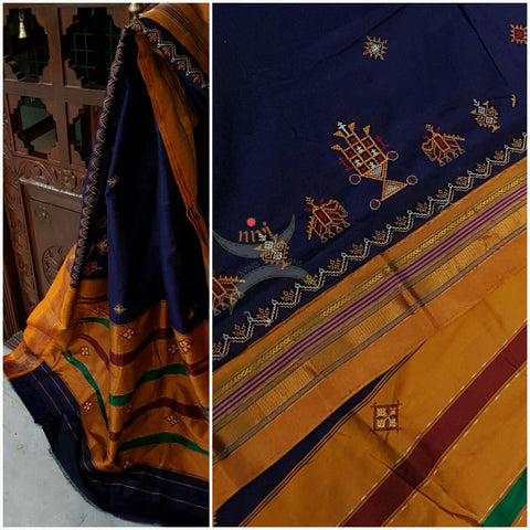 Royal Blue mustard silk cotton kasuti embroidered Ilkal with anne ambari motif and Traditional topu teni pallu.