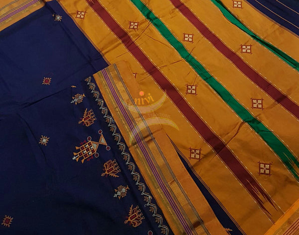 Royal Blue mustard silk cotton kasuti embroidered Ilkal with anne ambari motif and Traditional topu teni pallu.