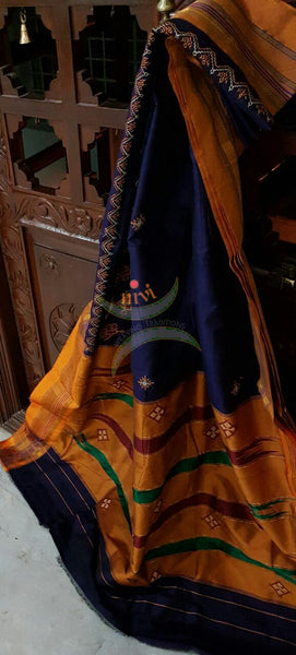 Royal Blue mustard silk cotton kasuti embroidered Ilkal with anne ambari motif and Traditional topu teni pallu.