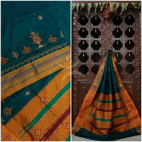 Teal with mustard silk cotton kasuti embroidered Ilkal with Anne ambari motif and traditional tope teni pallu . 