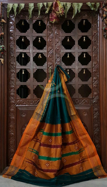 Teal with mustard silk cotton kasuti embroidered Ilkal with Anne ambari motif and traditional tope teni pallu . 