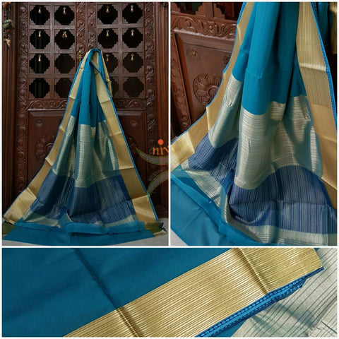 Blue Art silk cotton blend saree with rich zari pallu