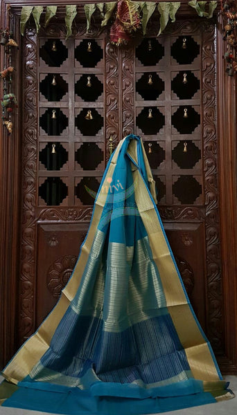 Blue Art silk cotton blend saree with rich zari pallu