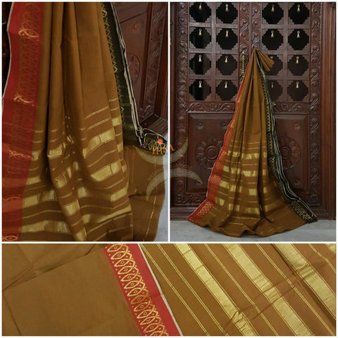 Cotton sarees with woven ganga jamuna zari border and striped pallu.