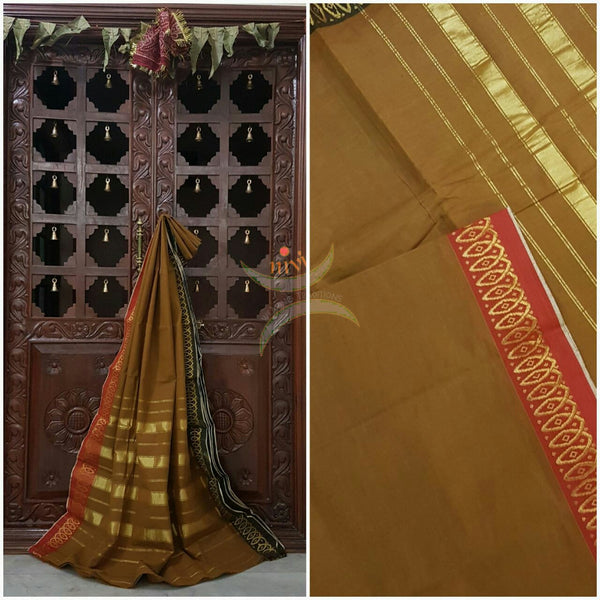 Cotton sarees with woven ganga jamuna zari border and striped pallu.