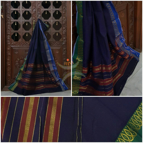 Cotton sarees with woven ganga jamuna zari border and striped pallu.