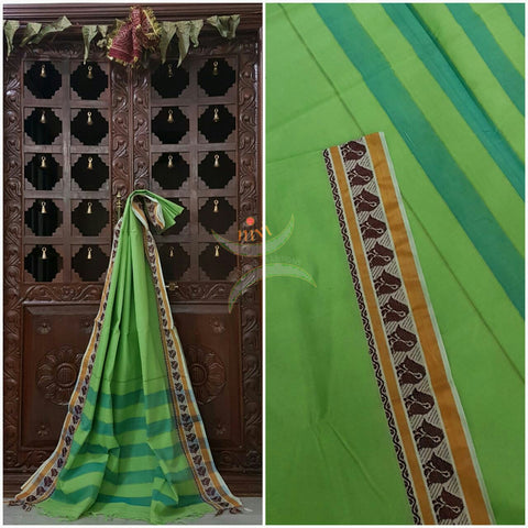 Cotton sarees with woven thread border and striped pallu.