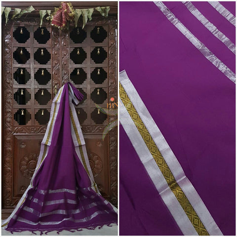 Cotton sarees with woven zari border and striped pallu.