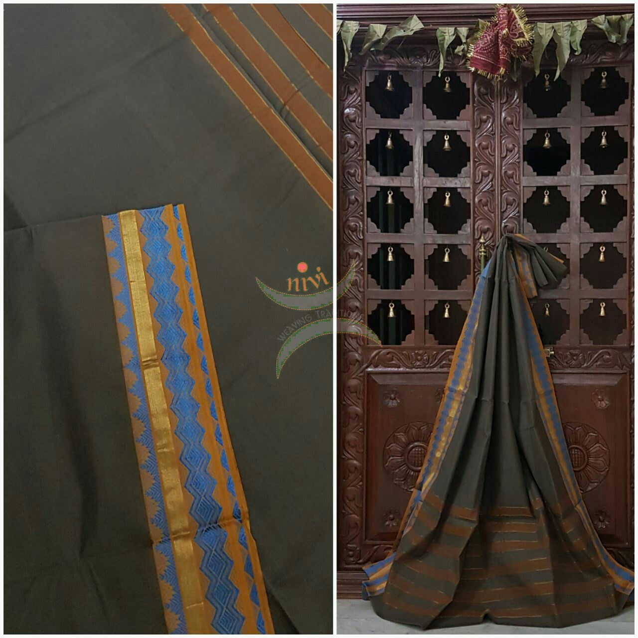 Cotton sarees with woven zari border and striped pallu.