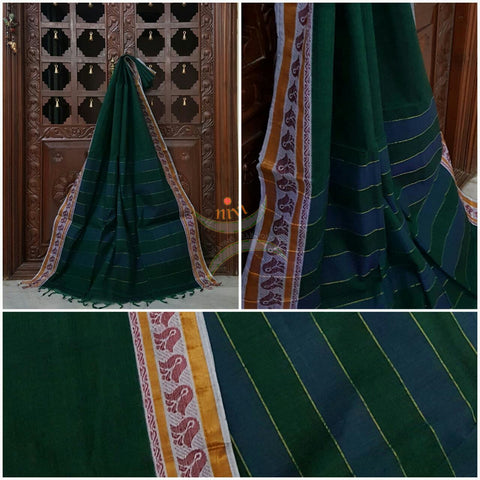 Cotton sarees with woven thread border and striped pallu.