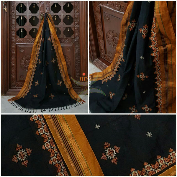 Black with Mustard Ilkal Kasuti embroidered Duppata with Traditional motifs.