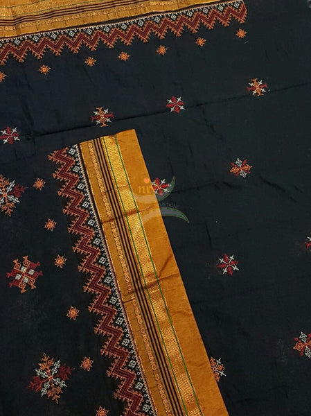 Black with Mustard Ilkal Kasuti embroidered Duppata with Traditional motifs.