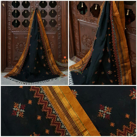 Black with Mustard Ilkal Kasuti embroidered Duppata with Traditional motifs.