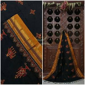 Black with Mustard Ilkal Kasuti embroidered Duppata with Traditional Anne Ambari motifs.