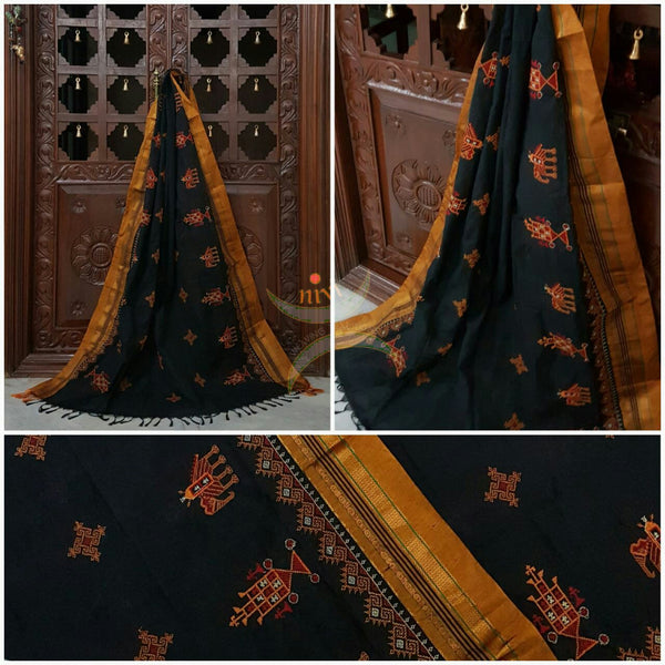 Black with Mustard Ilkal Kasuti embroidered Duppata with Traditional Anne Ambari motifs.