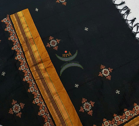 Black with Mustard Ilkal Kasuti embroidered Duppata with Traditional motifs.