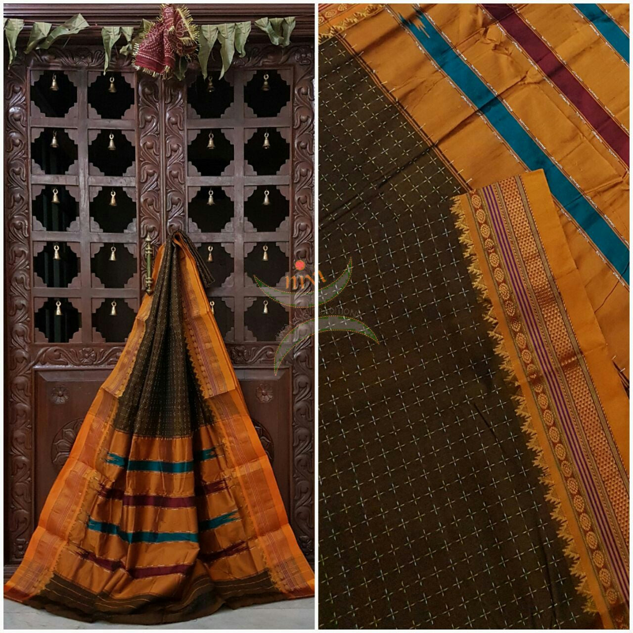 Brown with mustard silk cotton woven chukki Ilkal and traditional tope teni pallu