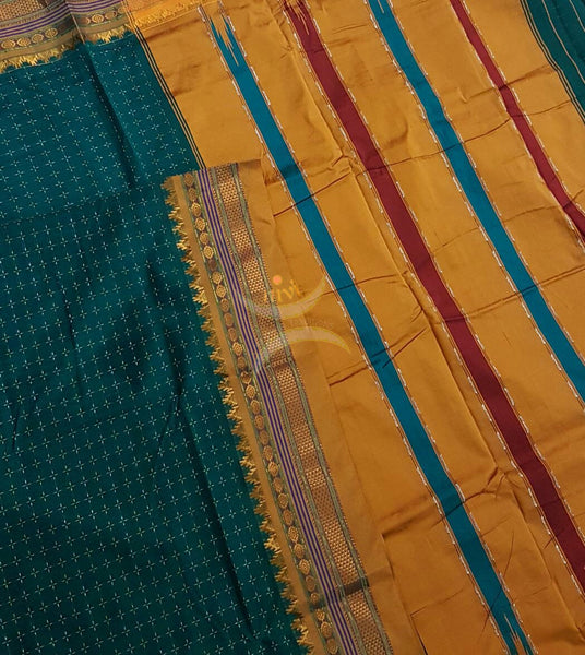Teal with mustard silk cotton woven chukki Ilkal and traditional tope teni pallu