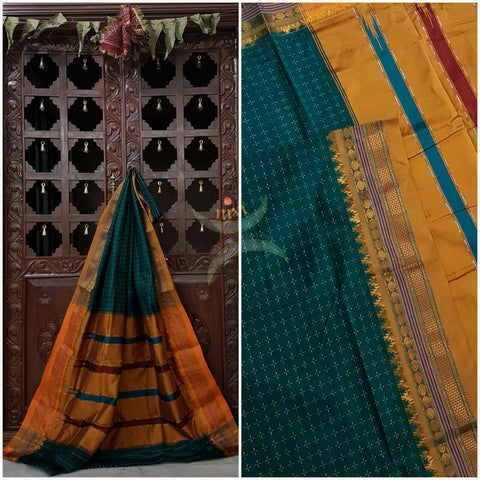 Teal with mustard silk cotton woven chukki Ilkal and traditional tope teni pallu