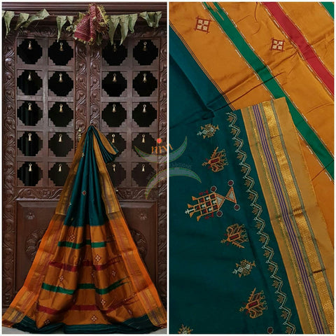 Teal with mustard silk cotton kasuti embroidered Ilkal with Anne ambari motif and traditional tope teni pallu . 