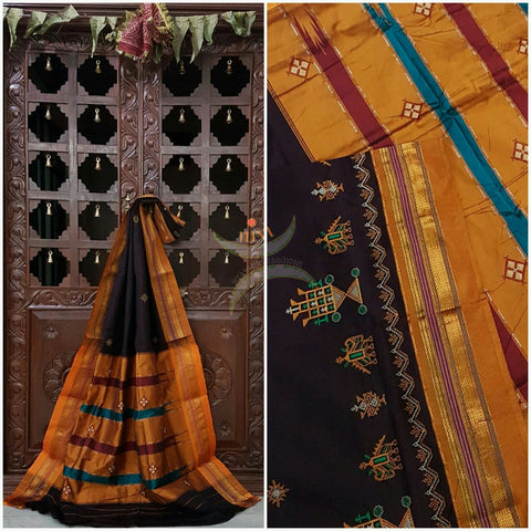 Brown with mustard silk cotton kasuti embroidered Ilkal. 
