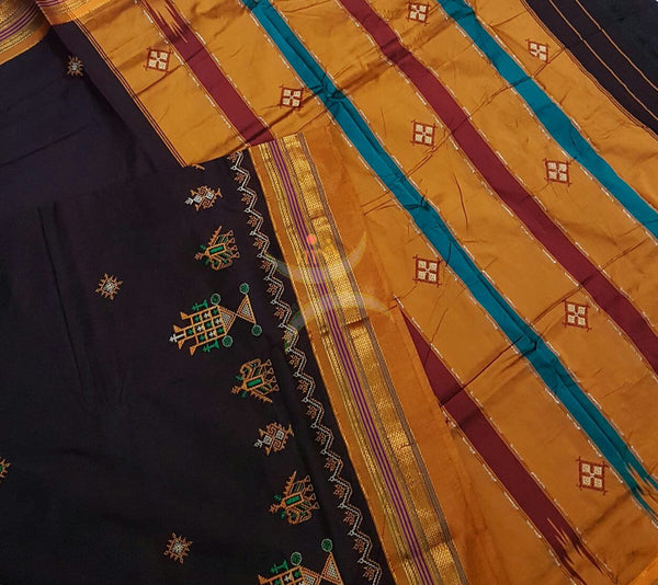 Brown with mustard silk cotton kasuti embroidered Ilkal. 