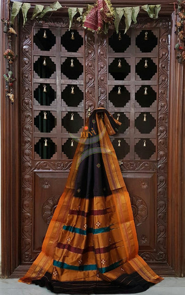 Brown with mustard silk cotton kasuti embroidered Ilkal. 