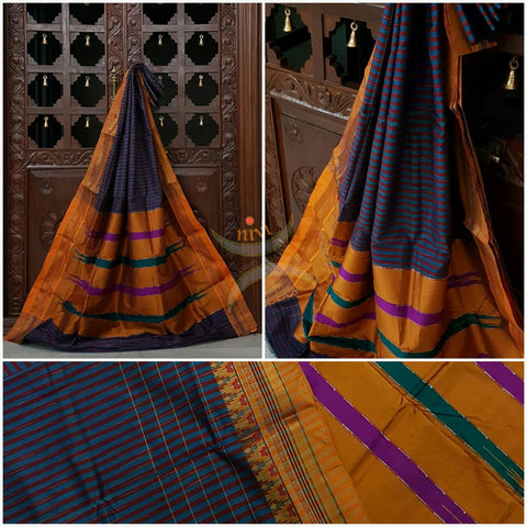 Dharwad mercersied cotton with vertical stripes and Traditional topu teni pallu.