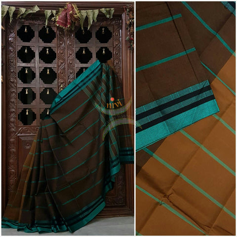 Brown half and half cotton saree with sea green border and striped pallu