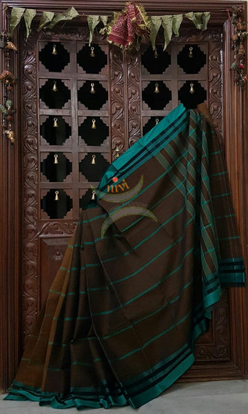 Brown half and half cotton saree with sea green border and striped pallu