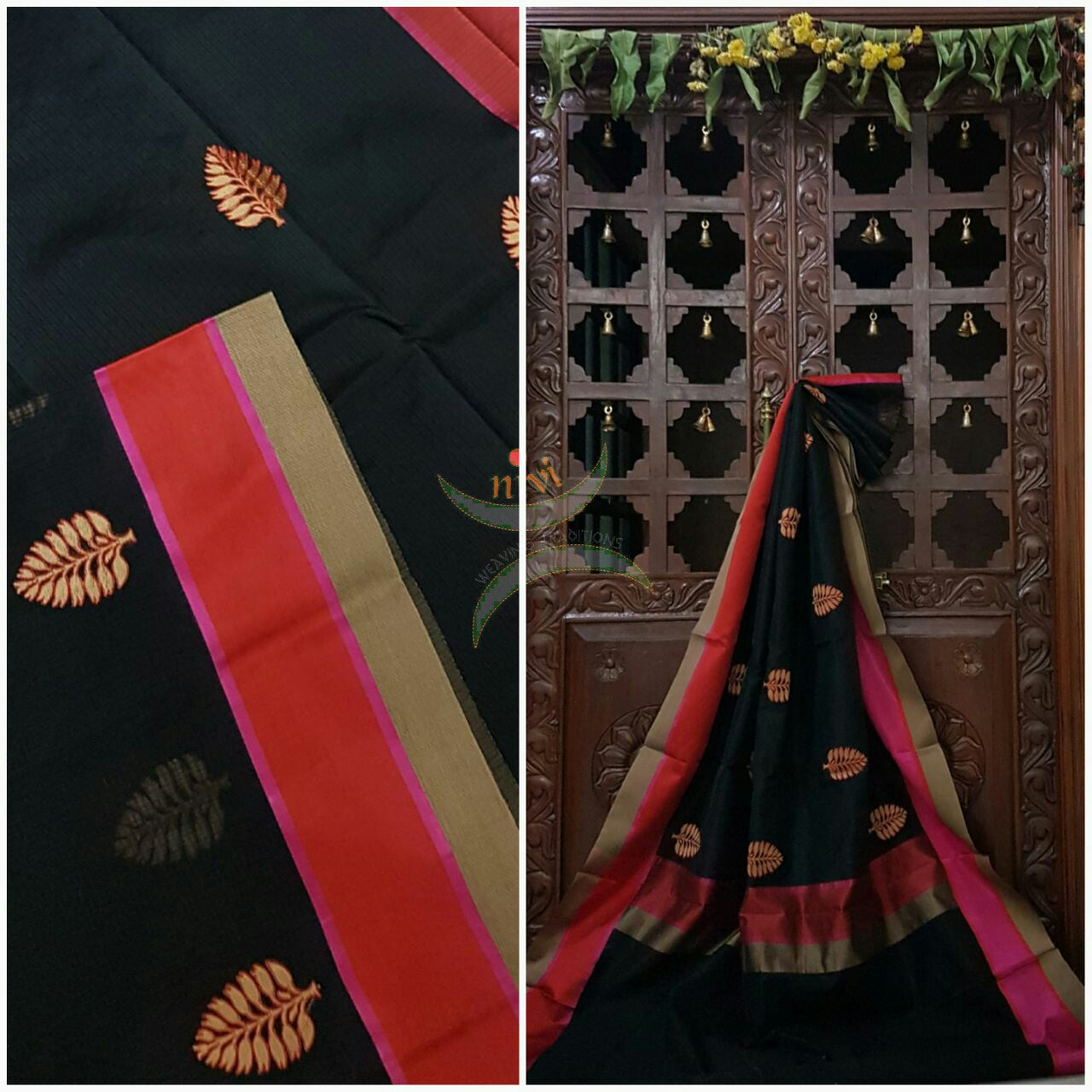 Black silk cotton brocade saree with satin finish contrasting border and pallu with embroidery allover the saree.