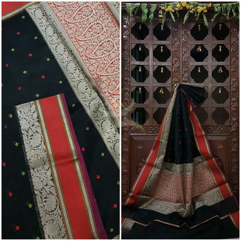 Black silk cotton brocade saree with satin finish contrasting border and embroidery allover with woven rich pallu.