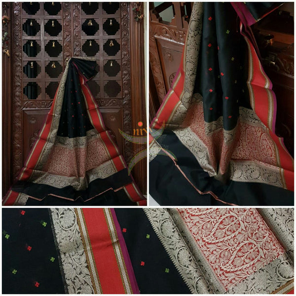 Black silk cotton brocade saree with satin finish contrasting border and embroidery allover with woven rich pallu.